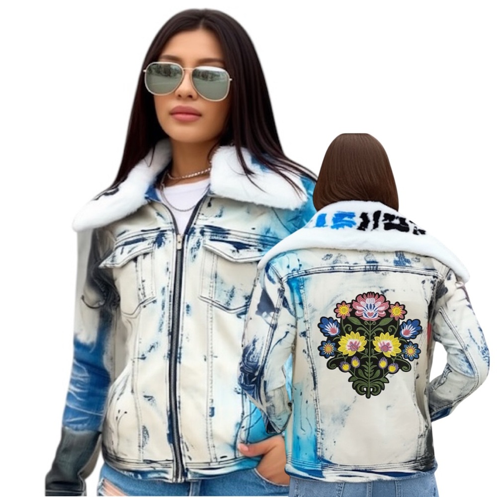 Your Adventure Jacket Oversized Acid Wash Floral Denim with Faux Fur Customize!